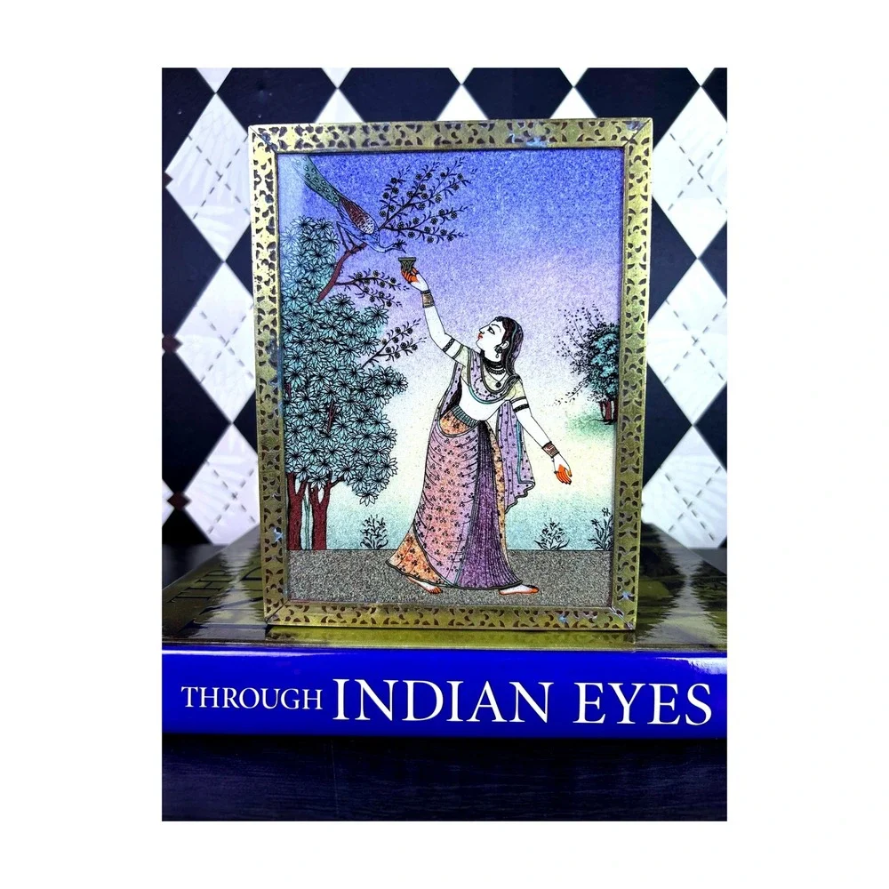 Vintage Indian Hand Painted Jewelry Box Velvet Lined Brass Inlay 8.5x6.5 Inch